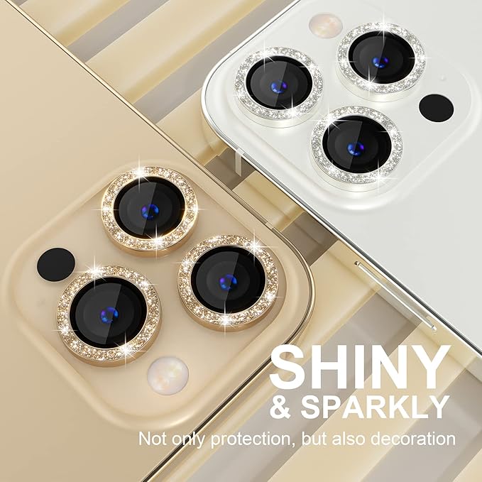 Choiche [3+1 for iPhone 13 Pro/iPhone 13 Pro Max Camera Lens Protector Bling, 9H Tempered Glass Camera Cover Screen Protector Metal Ring Decoration Accessories (Glitter-Gold)