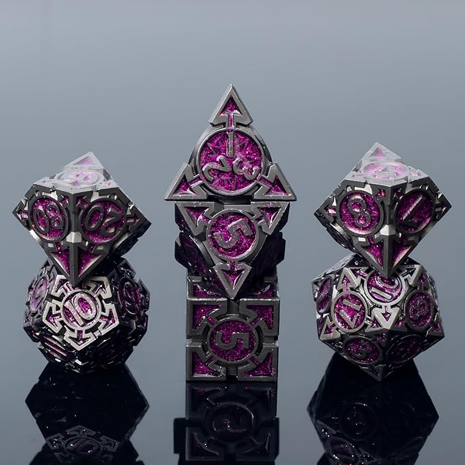 Purple Black Nickel Finish Heavy Metal DND Dice Set (Warlock) with A Metal Box, Sharp Edge Zinc Alloy D&D Accessories, D4-D20, Designed for Dungeons & Dragons Master, RPG Player, Starter