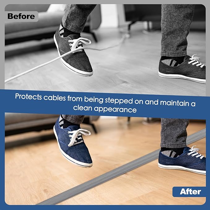 Floor Cord Cover for Wires on Floor Self Adhesive Cord Hider Floor Cable Management Wire Covers for Cords Protector Prevent Cable Trips Cord Cavity W 0.59" x H 0.31", Gray Wood, 3.3Ft