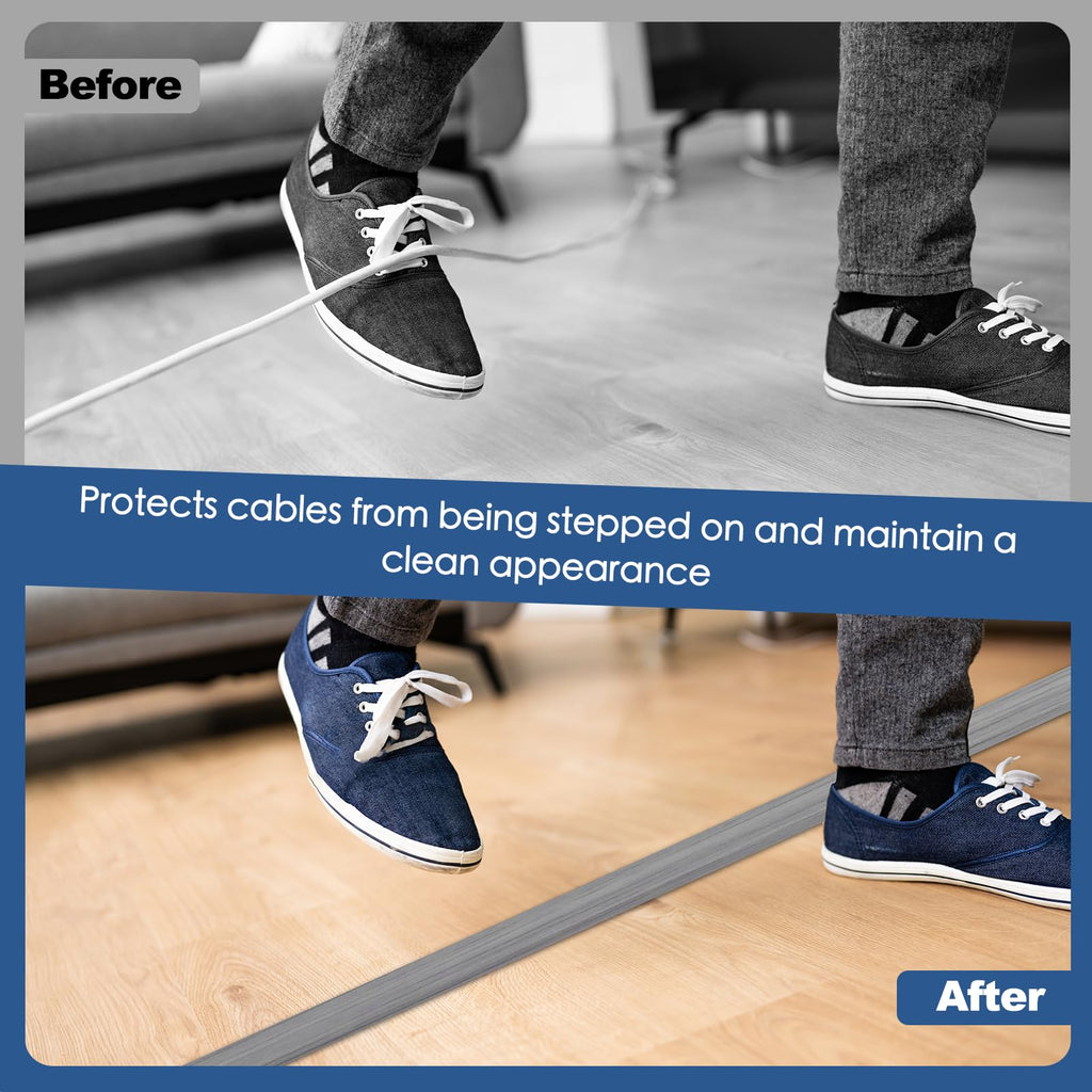 Floor Cord Cover for Wires on Floor Self Adhesive Cord Hider Floor Cable Management Wire Covers for Cords Protector Prevent Cable Trips Cord Cavity W 0.47" x H 0.27", Gray Wood, 3.3Ft