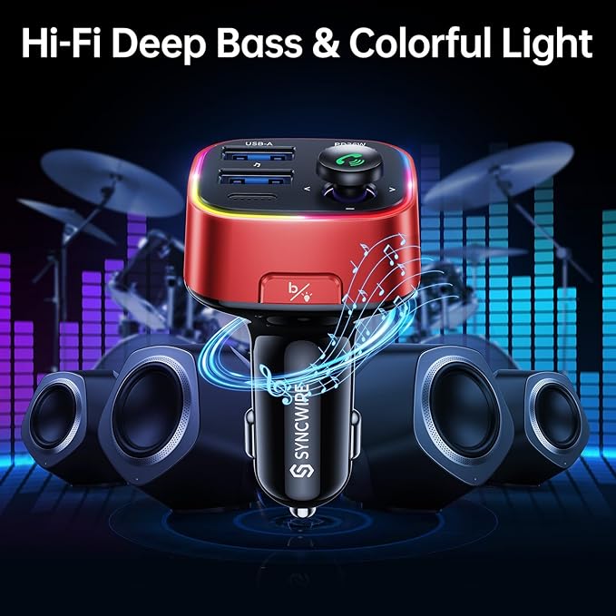 Syncwire Bluetooth 5.4 FM Transmitter Car Adapter 48W (PD 36W & 12W) [Light Switch] [Hi-Fi Deep Bass] [Fast Charge] Wireless Radio Music Adapter LED Display Hands-Free Calling Support USB Drive, Red