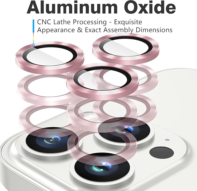 AGVEE 3+3 Camera Lens Protector for iPhone 15 Pro 6.1" / 15 Pro Max 6.7", Brushed Metal Ring 9H Tempered HD Glass Camera Protector Cover Film, Pink