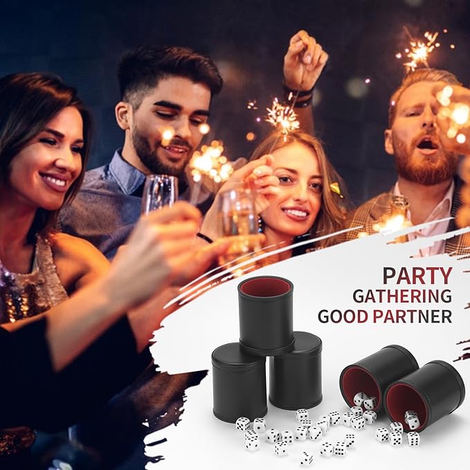 5 Pack PU Leather Dice Cup Set with 6 Dot Dices Felt Lined Quiet Shaker for Yahtzee Bar Party Family Dice Games,Red/Black