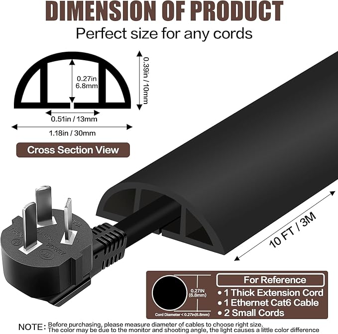 Floor Cord Cover Self Adhesive Cord Hider,10FT Cable Management, Extension Strip Protector for Wires, Prevent Cable Trips for Offices, Gyms, Exhibitions Cavity:0.39"(W) x 0.27"(H) Black