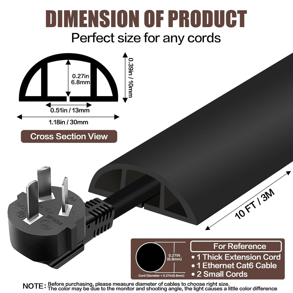 Floor Cord Cover Self Adhesive Cord Hider,10FT Cable Management, Extension Strip Protector for Wires, Prevent Cable Trips for Offices, Gyms, Exhibitions Cavity:0.39"(W) x 0.27"(H) Black