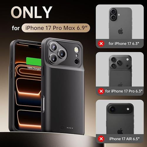 Battery Case for iPhone 17 Pro Max, Charging Case Charger 8500mAh Ultra-Slim Lightweight Powerful Battery Pack 15W Fast Rechargeable Anti-Fall TPU Juice Box for iPhone 17 Pro Max (6.9") Black