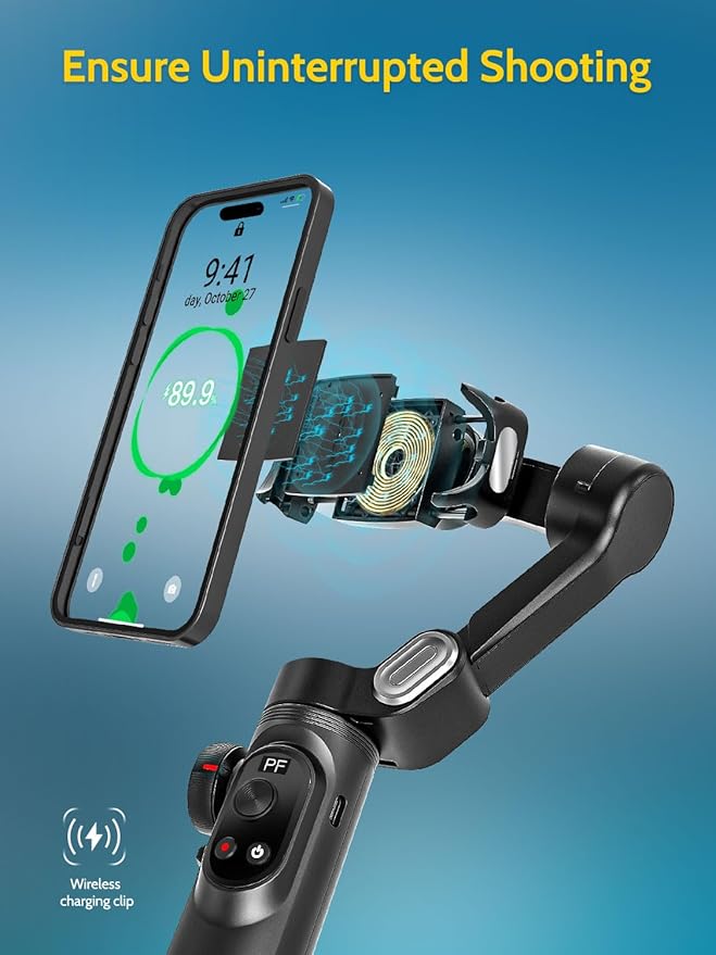 Gimbal Stabilizer for Smartphone with Wireless Charging iPhone Gimbal for iPhone 15 Pro Max/Android Foldable 3-Axis Handheld Phone Stabilizer for Video Recording Face Tracking-Smart X Pro