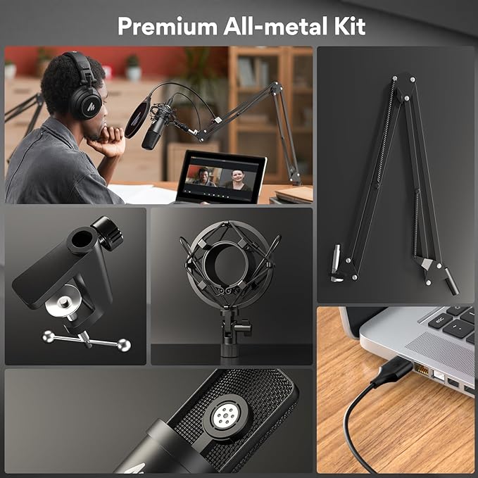 USB Microphone, MAONO 192KHZ/24Bit Plug & Play PC Computer Podcast Condenser Cardioid Metal Mic Kit with Professional Sound Chipset for Recording, Gaming, Singing, YouTube (AU-A04)