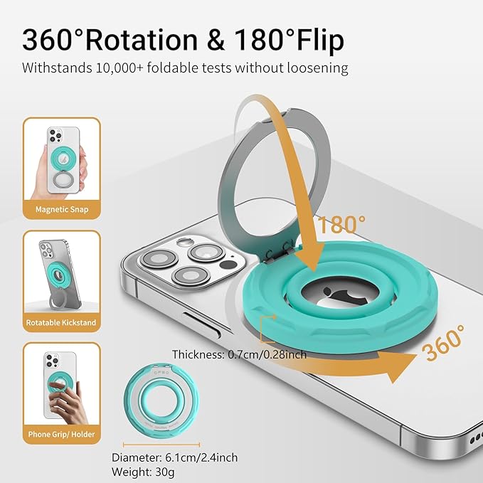 OPSO Magnetic Phone Ring Holder for MagSafe, 360 Degree Rotation Silicone Finger Ring Grip Stand Holder, Adjustable Kickstand, Compatible with iPhone 16 15 14 13 12/Pro/Max, Samsung and All Smartphone