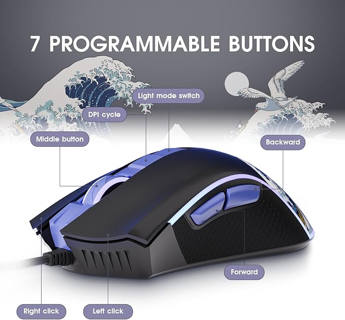 HITIME XVX Wired Gaming Mouse, 12000 DPI RGB Mouse with 12 Backlit Modes & 7 Macro Buttons, PC Gaming Mice Support DIY Keybinding, Gamer Computer Mice for Laptop PC Mac Windows, Kanagawa