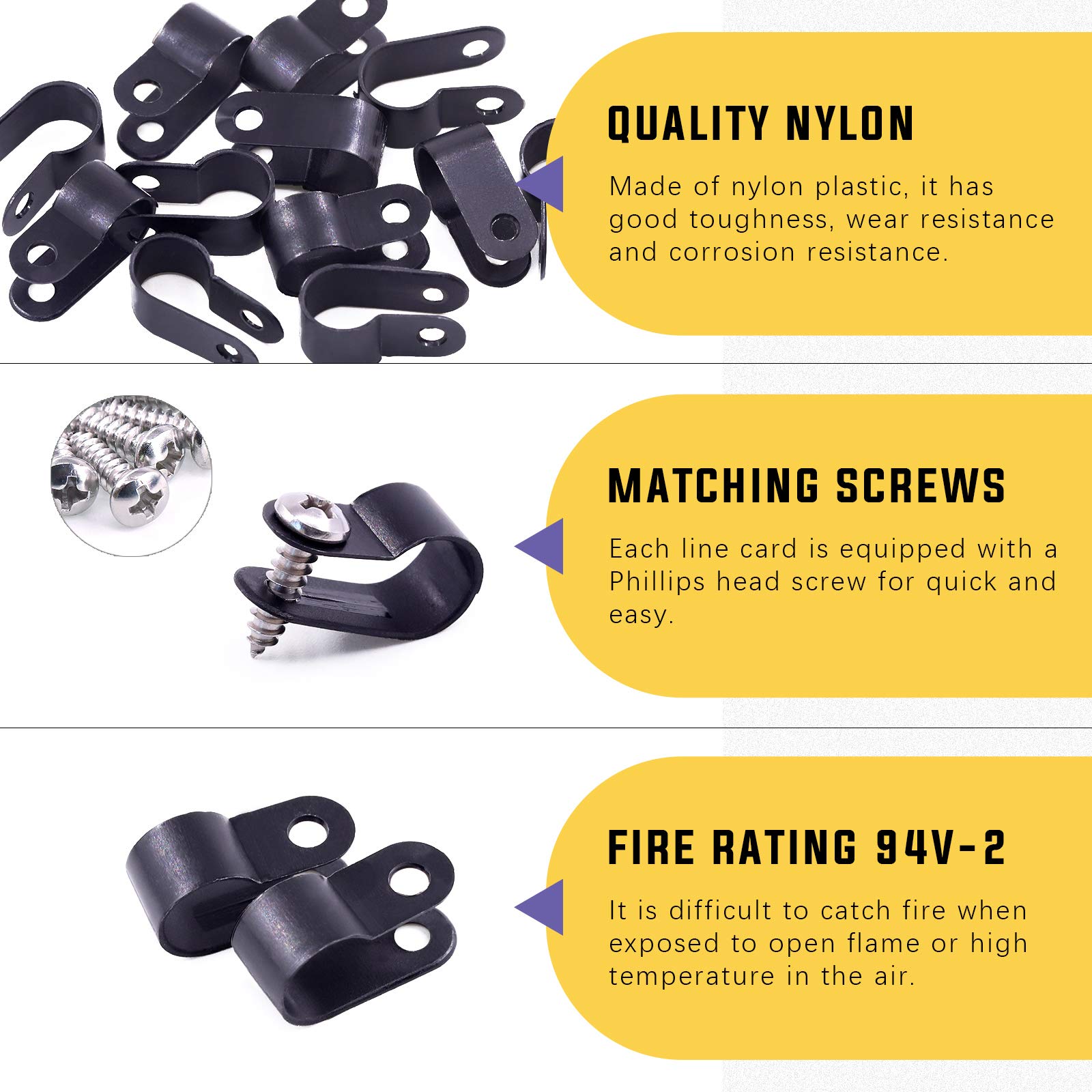 Swpeet 120 Pack Black 3/8 Inch Nylon Plastic R-Type Cable Clips Clamp Kit, Nylon Screw Mounting Cord Fastener Clips with 120 Pack Screws for Wire Management (3/8 Inch, Black)