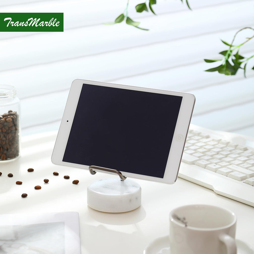 TransMarble Marble Phone Stand with Metal Holder, Charging Available While Using, Swipe Up to Unlock, Made of Natural Marble as Business Card Holder for Office Desk (Starry White + Black)