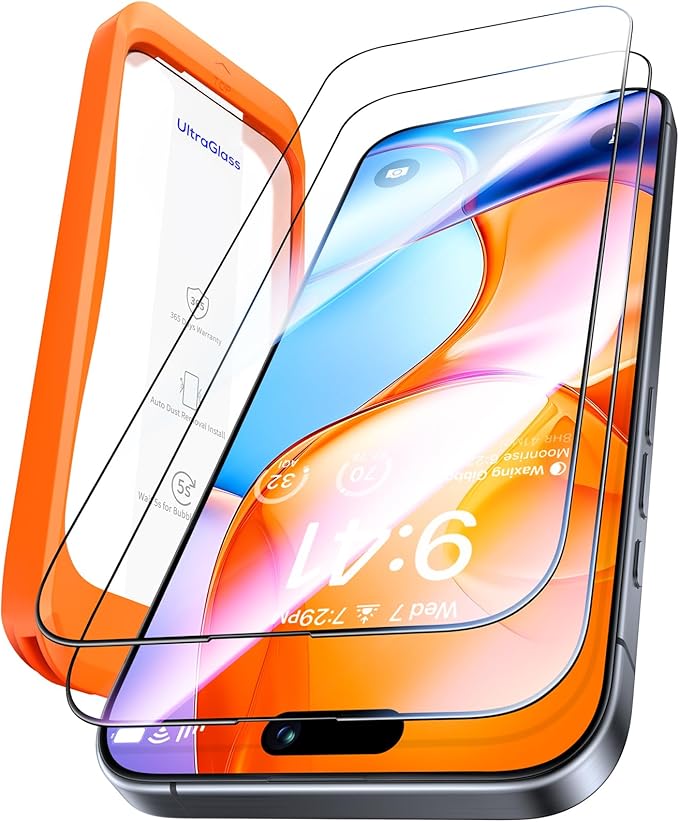 UltraGlass Unbreak Top 9H+ Glass for iPhone 16 Plus Screen Protector [12FT Military Grade Shatterproof] [Full Coverage] Tempered Glass [Longest Durable] 2 Pieces