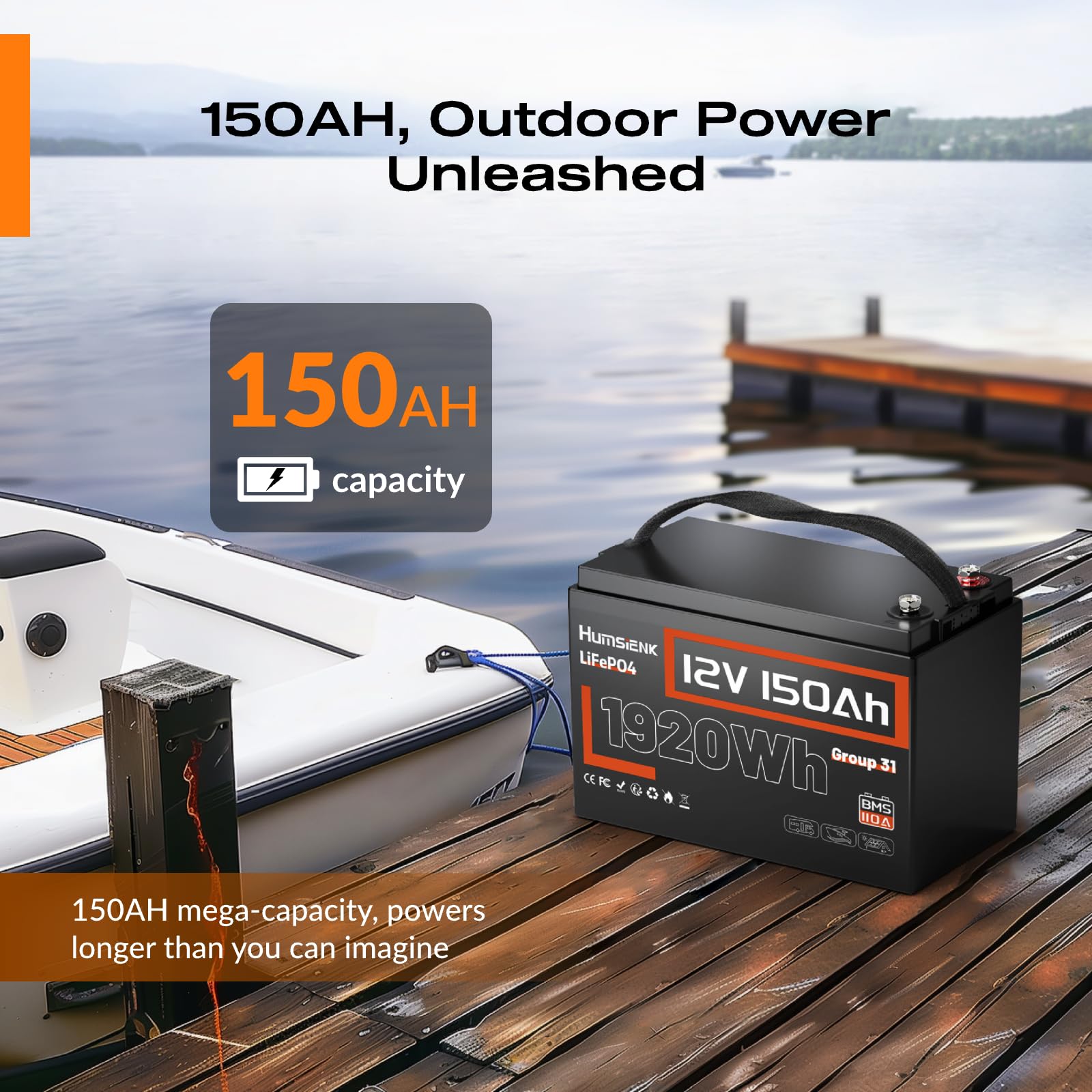 HumsiENK 12V 150Ah LiFePO4 Lithium Battery BCI Group31 Bluetooth- Built-in 110A BMS, Deep Cycle Battery for Solar, RV, Marine, Off-Grid Applications - 15000+ Life Cycles, Safe & Lightweight