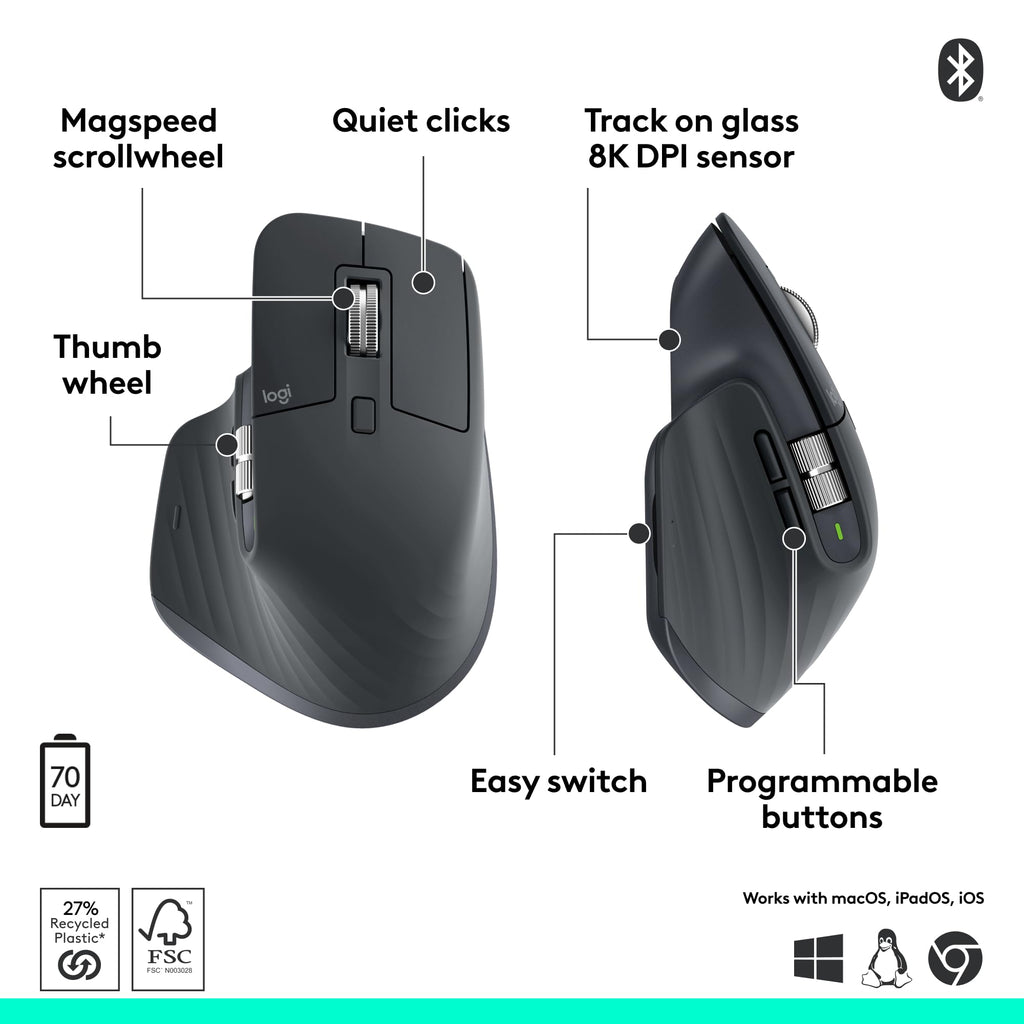 Logitech MX Master 3S Bluetooth Wireless Mouse No Receiver - Graphite