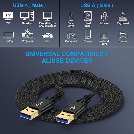 USB to USB Cable,10FT High Speed USB3.0 Cable Male to Male USBA to USBA Cord Double Sided Type A to A Data Transfer Cord for External Hard Driver,Laptop Cooler,DVD Player,TV,Monitor,Printer,Set Up Box