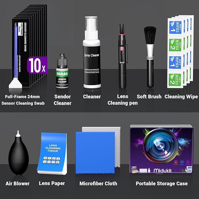 Updated Camera Lens and Sensor Cleaning Kit for Full Frame DSLR - 10x Swabs, Cleaner, and Essentials for Canon, Nikon, Sony