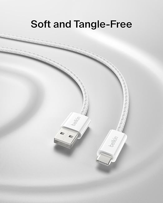 Belkin USB A to USB C Cable 2-Pack, 9.9ft, 15W - Type C Charger, iPhone Charger Cord, Soft, Braided, Flexible for iPhone 16 & 15, Galaxy S25, Pixel 9, iPad Pro, Airpods Pro, Switch & More - White