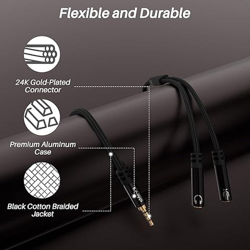 1/8inch Aux Headphone Splitter 2 Way Cable 6FT, 3.5mm 1 Male to 2 Female Mic and Audio Y TRRS Adapter, Compatible with Headset Earphone Switch 2/PS4/PS5 Steam Deck Xbox PC Laptop Phone Tablet Gaming