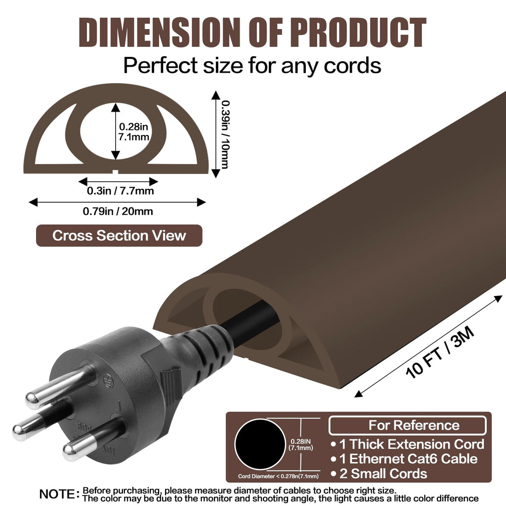 Floor Cord Cover Cable Cavity Self Adhesive Cord Hider Floor 10FT Floor Cable Management Power Cord Protector Floor Electric Cord Covers for Offices, Gym, Exhibitions (CoffeeBrown, 0.78" x 10')