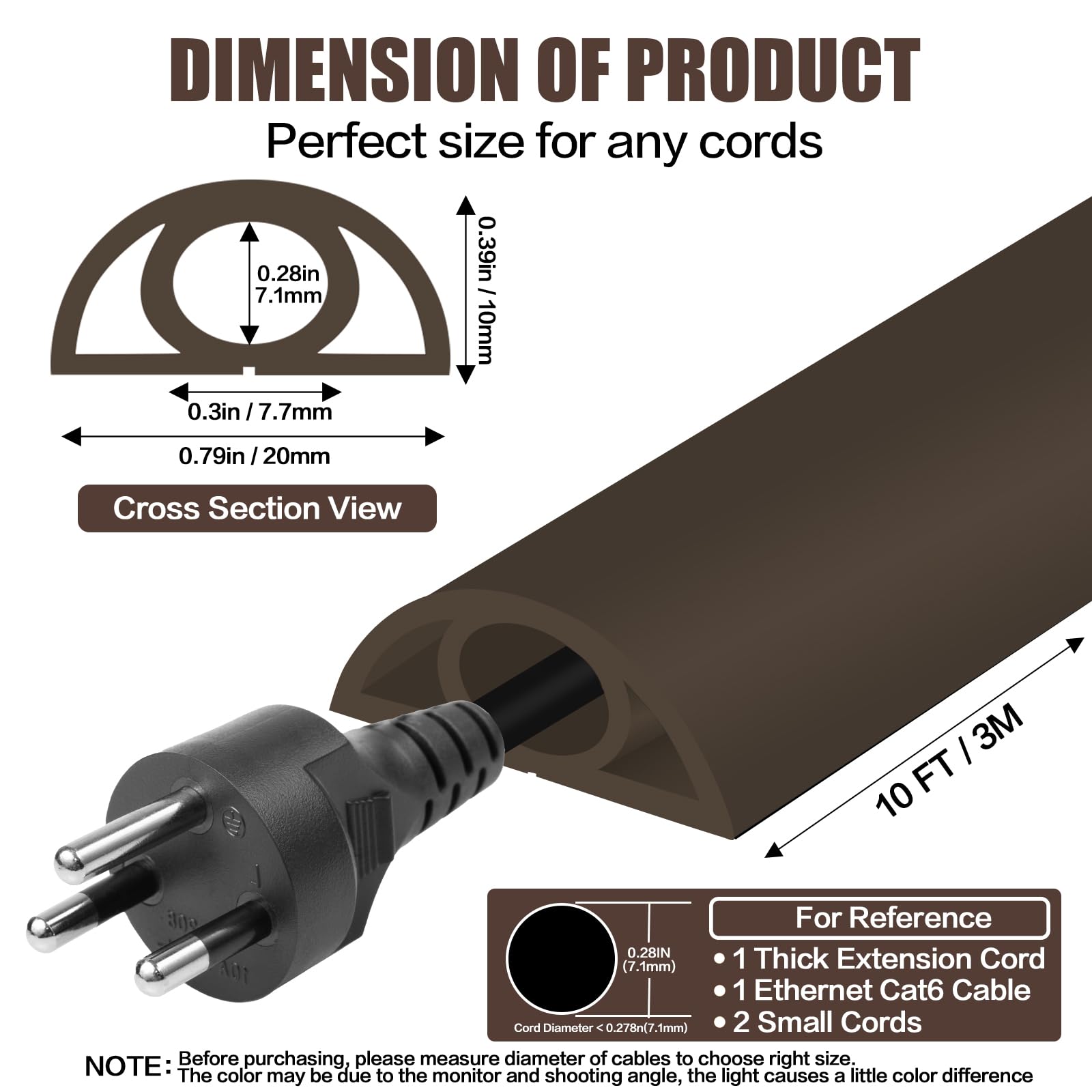 Floor Cord Cover Cable Cavity Self Adhesive Cord Hider Floor 10FT Floor Cable Management Power Cord Protector Floor Electric Cord Covers for Offices, Gym, Exhibitions (CoffeeBrown, 0.78" x 10')