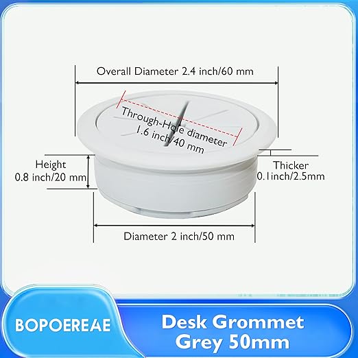 Desk Grommet 2" (50 mm), Desk Hole Cover for Cables Grey, Cable Grommet ABS Plastic, Desk Hole Grommet for Office and Home Table Cable, Detachable & Flexible Cable Cord Organizer-2 Pcs
