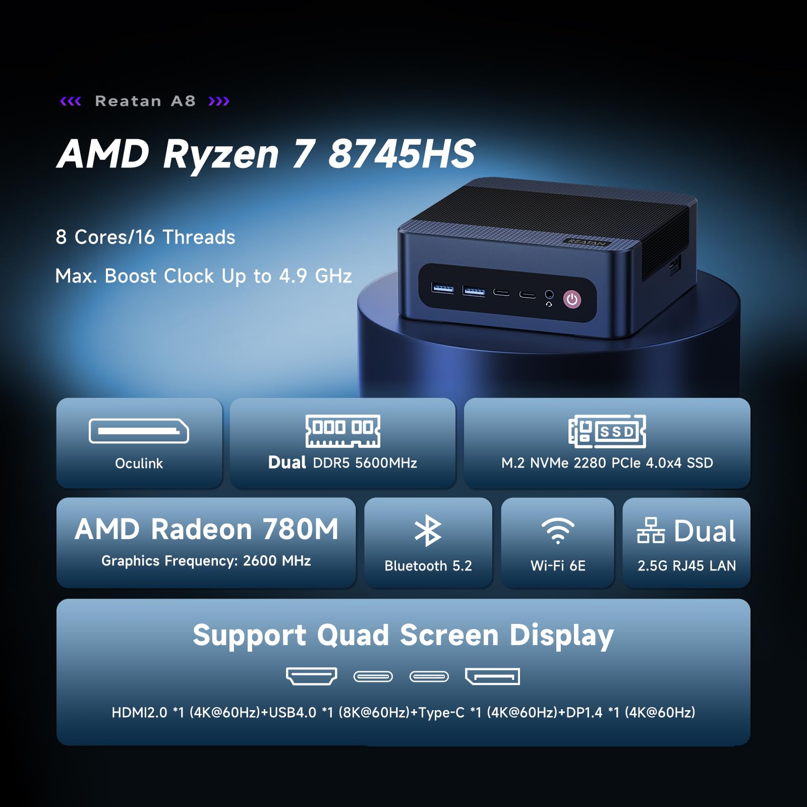 Reatan A8 Mini PC AMD Ryzen 7 8745H 16GB RAM DDR5 1TB SSD 8C/16T，up to 8K Quad-Screen Displays, WiFi 6E, OCuLink Mini Gaming Computers Home Theater Office Business