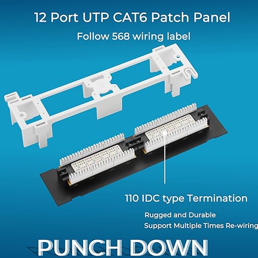 Rapink Patch Panel 12 Port Cat6 10G Support, Network Patch Panel UTP 10-Inch, Wallmount 1U Ethernet Patch Panel Punch Down Block for Cat6, Cat5e, Cat5 Cabling