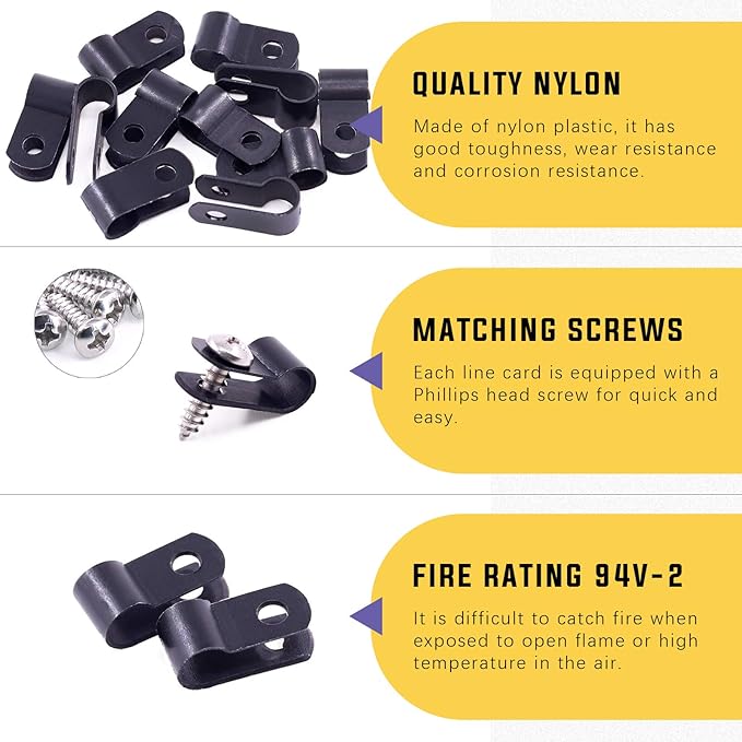 Swpeet 120 Pack Black 1/4 Inch Nylon Plastic R-Type Cable Clips Clamp Kit, Nylon Screw Mounting Cord Fastener Clips with 120 Pack Screws for Wire Management (1/4 Inch, Black)