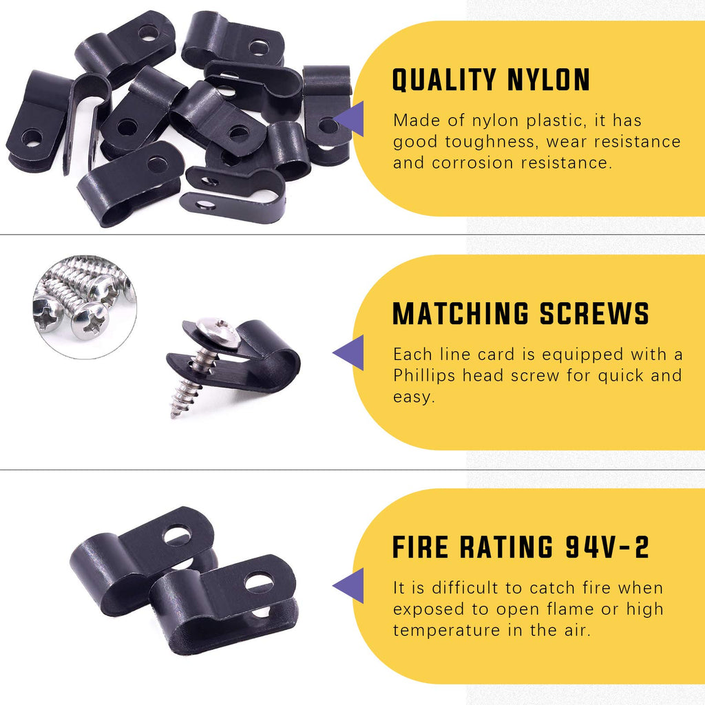 Swpeet 120 Pack Black 1/4 Inch Nylon Plastic R-Type Cable Clips Clamp Kit, Nylon Screw Mounting Cord Fastener Clips with 120 Pack Screws for Wire Management (1/4 Inch, Black)