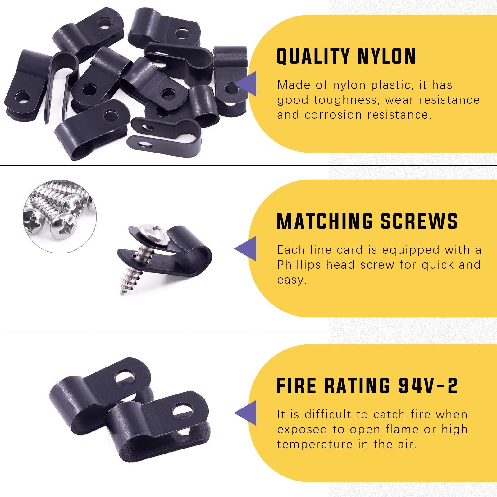 Swpeet 120 Pack Black 1/4 Inch Nylon Plastic R-Type Cable Clips Clamp Kit, Nylon Screw Mounting Cord Fastener Clips with 120 Pack Screws for Wire Management (1/4 Inch, Black)