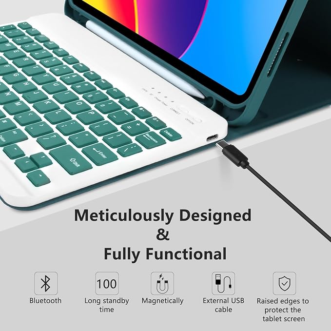MMK iPad A16 Case (2025, 11"), iPad 10th Generation Case with Keyboard (2022, 10.9"), Wireless Detachable Keyboard, Pencil Holder (Dark Green)