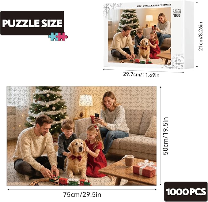 Custom Puzzles from Photos, Personalized Natural Wood Puzzle with 120/200/300/500/1000 Pieces, Customized Jigsaw Create Timeless Memories for Adults, Family, Father's Day, Lover, Pet