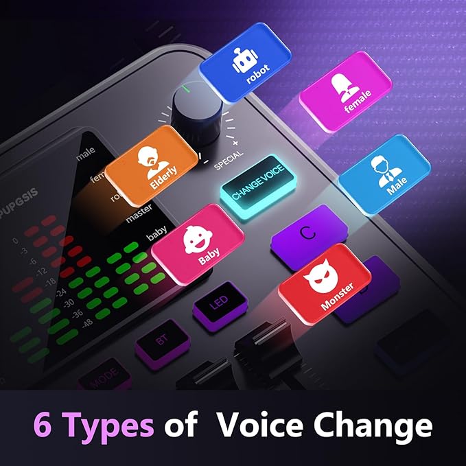 Pupgsis Gaming Audio Mixer, Audio Interface, Sound Board With Pro-Preamp, Noise Cancellation, RGB, Bluetooth, Volume Fader For Streaming/Podcasting/Gaming Maonocaster/Content Create, 6.35mm