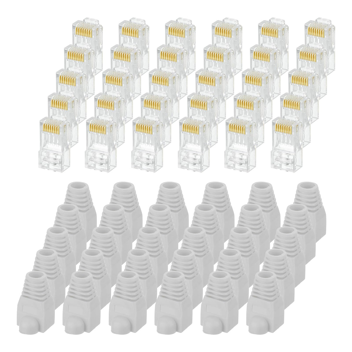 MECCANIXITY 30pcs Cat6 RJ45 Pass Through Connectors, RJ45 Connector 8P8C Gold Plated Plugs with 30pcs White Strain Relief Boots for Solid or Stranded UTP Ethernet Cable, 1.1mm
