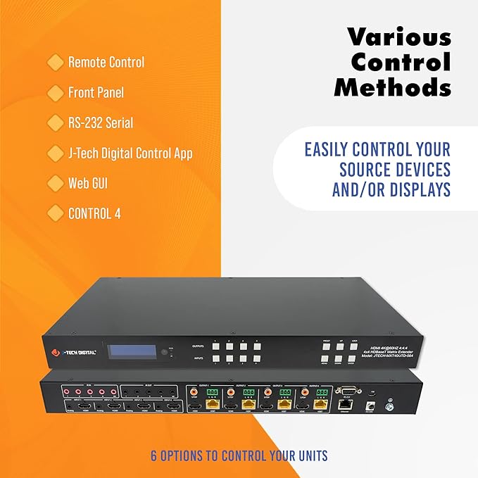 J-Tech Digital HDBaseT 4x4 Matrix Extender Switcher Supports HDMI2.0 HDCP2.2 4K60Hz 4:4:4 HDR Dolby Vison with 4 PoC Receivers, Over Single Cat5e/6 Cable, Control App, Compatible with Control4 Driver