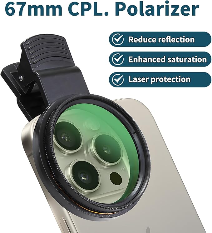 67mm Clip-on CPL Phone Camera Lens Filter, Polarized Camera Lens Filter CPL Filter for iPhone 16 15 Pro Max Plus 14 13 Pro Max Mini 12 11 X XS Galaxy