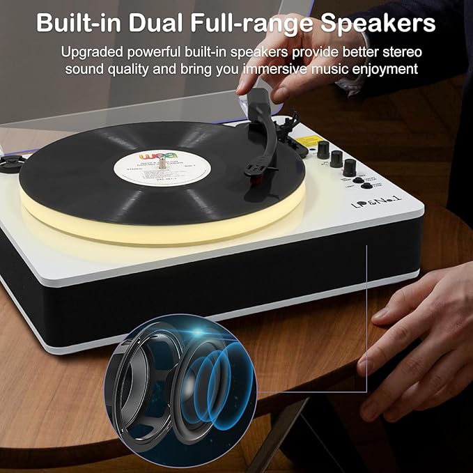 LP&No.1 Record Player with Built-in Stereo Speakers, LED Control, 3-Speed Belt-Drive Vinyl Turntable with USB Playback & Recording, Wireless BT Input & Output, Auto Stop, Pitch Control | White Pearl