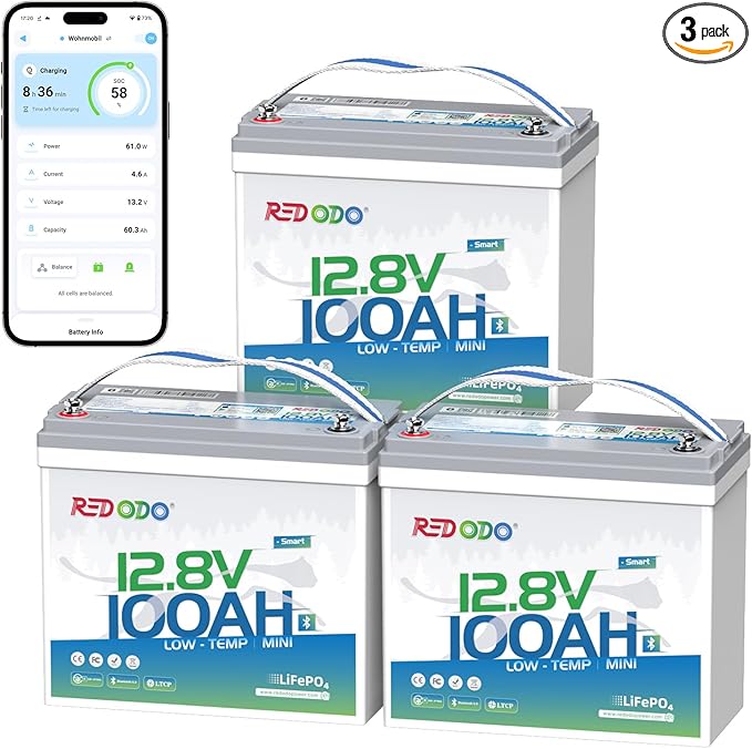 Redodo 12V 100Ah Smart Mini Bluetooth LiFePO4 Battery, Smallest Lithium Battery，Max 1280Wh, 10-Year Lifespan with Up to 15000 Deep Cycles, Upgraded 100A BMS for RV, Marine, Solar, Camping - 3 Pack