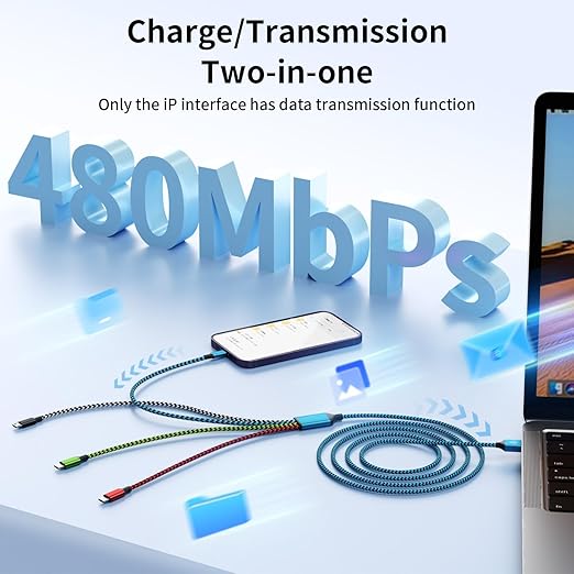 Travel Essentials Dual Type-C 4 in 1 Charging Cable 2 Pack 5FT Multi Charging Cables for All Devices,Universal USB Cable Adapter 2 USB-C/IP/Micro Port for Cell Phones Tablets Samsung Galaxy PS & More