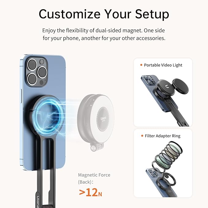 ULANZI MA30 Magnetic Phone Tripod Stand for iPhone - Aluminium Maglock Smartphone Mini Tripod Pocket Cell Phone Stand Strong Magnet Quick Mount Compatible with iPhone 16 15 14 13 12 Series, Black