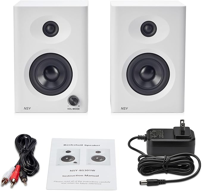 Computer Speakers for Desktop PC, 60W Powerful Sound with Deep Bass & Clear Treble – Compact Active Bookshelf Speakers for Home Office, Laptop, Music, Monitor (White, Pair)