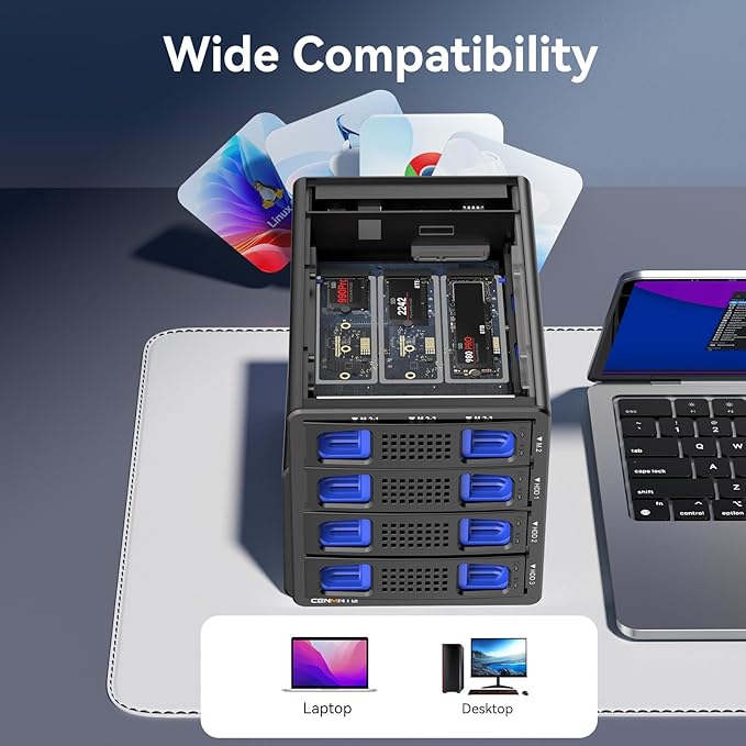 Hybrid 3*2.5/3.5" SATA HDD/SSD+3* M / B+M Key M.2 NVMe Enclosure with Cooling Fan and USB A/C 3.2 Gen 2, Hard Drive Enclosure Support 90TB(3*22TB HDD+3*8TB 2230/2242/2260/2280/22110 SSDs)