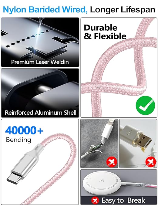 4-in-2 Charging Cable for Apple Watch Charger/Samsung/iPhone Charger,Car/Office/Camping/Travel Essentials,Type C Cable Multi Cord for iWatch Ultra/10-2/iPhone 16-11/Samsung S25-S20,iPad,airPods-Pink