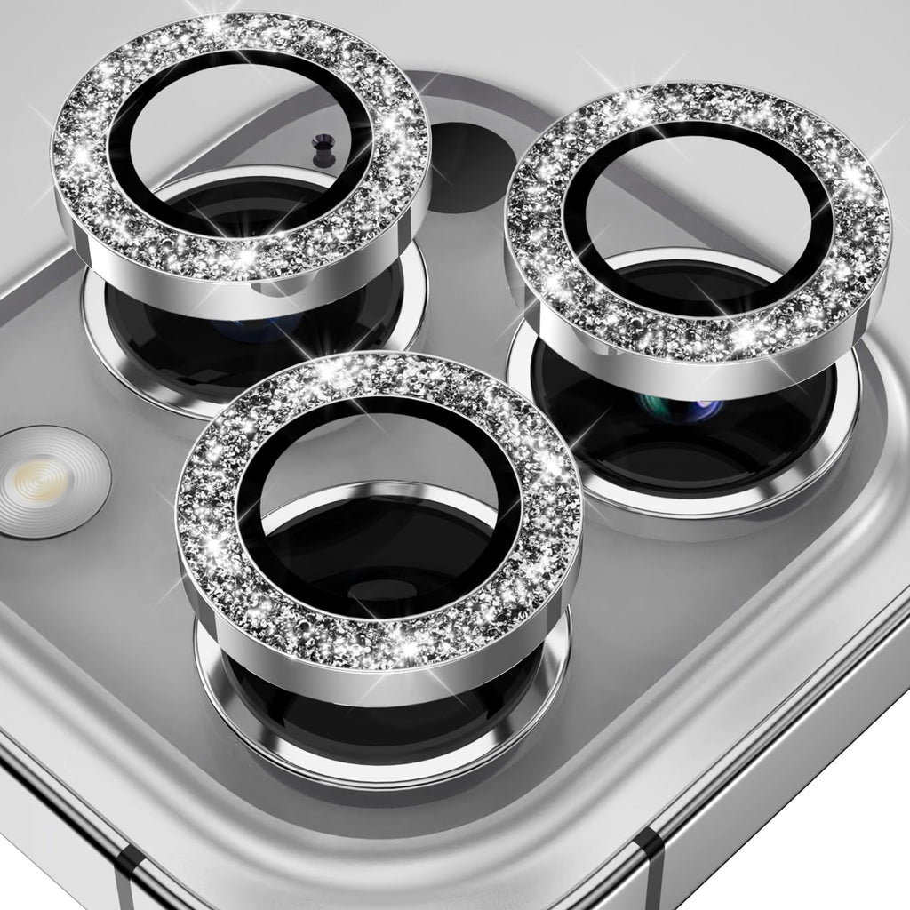 YWXTW Designed for iPhone 14 Pro/iPhone 14 Pro Max Camera Lens Protector Bling, [New Glitter Design] Individual Metal Tempered Glass Camera Cover Accessories Case Friendly, 1 Set (Silver Glitter)