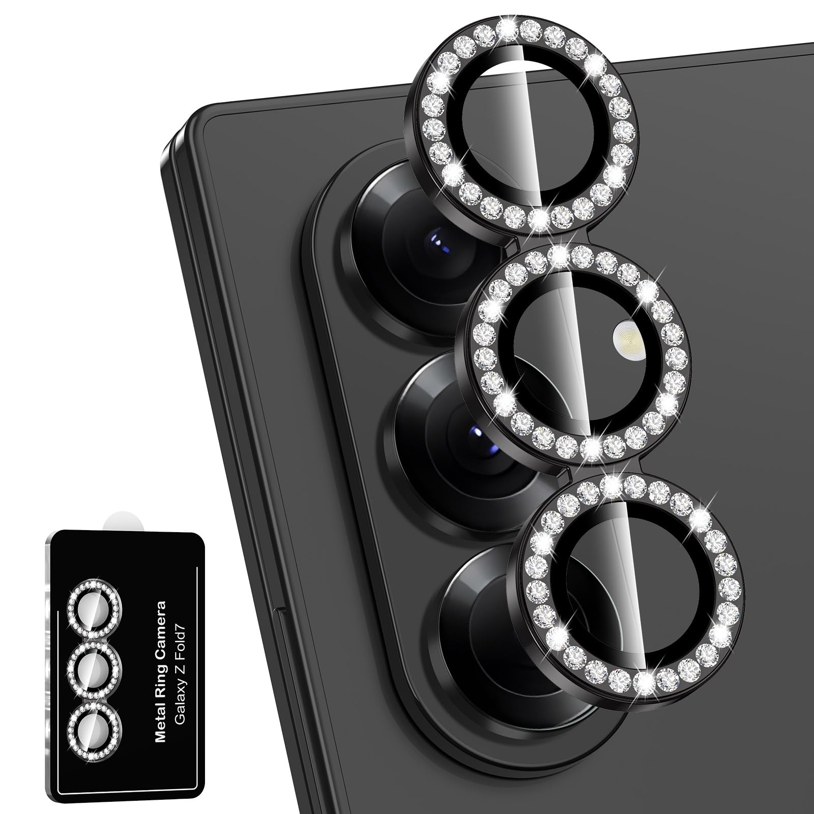 Avocase for Samsung Galaxy Z Fold 7 Camera Lens Protector, Individual Metal Ring Tempered Glass Lens Cover, [Strong Adsorption] Scratch Resistant Ultra-Thin HD Clear Lens Cover, 1 Set-Black Diamond