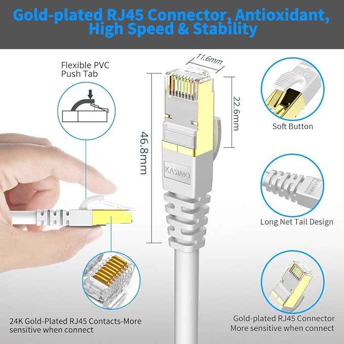 KASIMO CAT 8 Ethernet Cable SFTP Internet Network Patch Cord, Heavy Duty High Speed LAN Cables w Gold Plated RJ45 Connector Professional for Router, Modem, Gaming, Xbox (3 Feet, 5 Pack White)