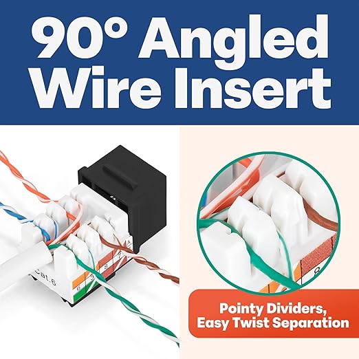 Everest 90° Angled RJ45 Cat6 Keystone Jacks 10-Pack in Black - Slim Profile Female RJ45 Connectors - Cat 6 Keystone Jack - Compatible with 90° Angled Speed Termination Tool - easyJACK (B094WB91H3)