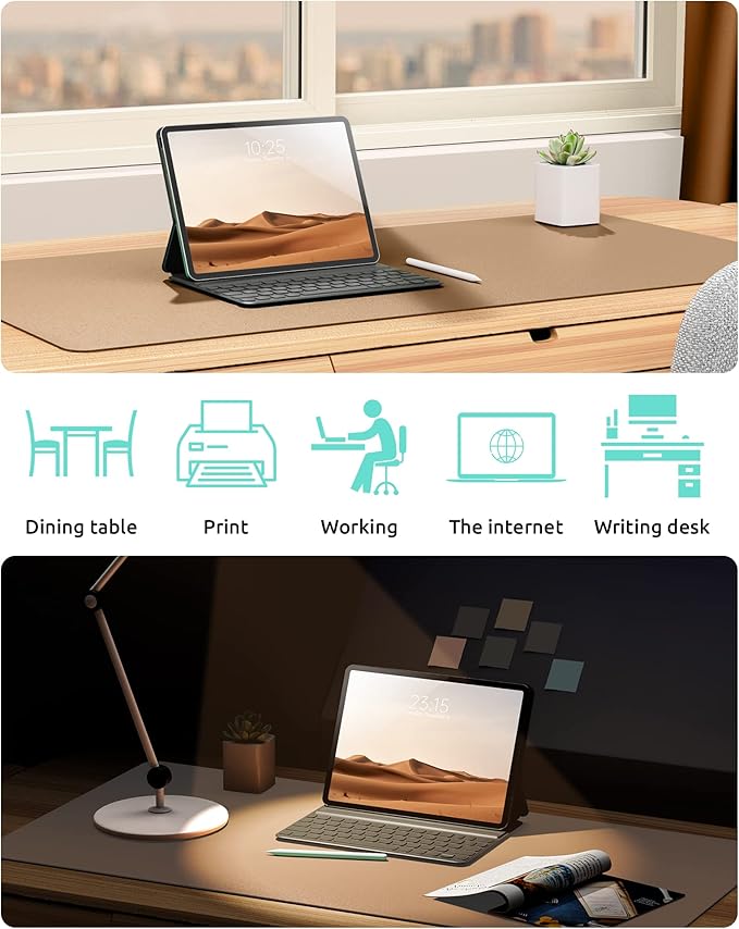 YSAGi Leather Desk Protector, Office Mat, Large Mouse Pad, Non-Slip PU Leather Blotter, Laptop Desk, Waterproof Writing Pad for Office and Home (Khaki, 35.4" x 17")