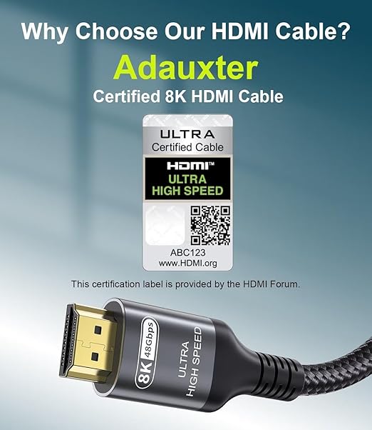 Certified 10K 8K HDMI 2.1 Cable 3.3 FT, 48Gbps Ultra High Speed HDMI Cable with Ethernet 4K 240Hz 165Hz 144Hz 120Hz 8K60Hz eARC HDCP2.3 HDR10+ PC Laptop TV Monitor Projector